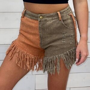 Boho Western Two-Toned Fringe Denim Shorts - Rust & Olive Green Distressed